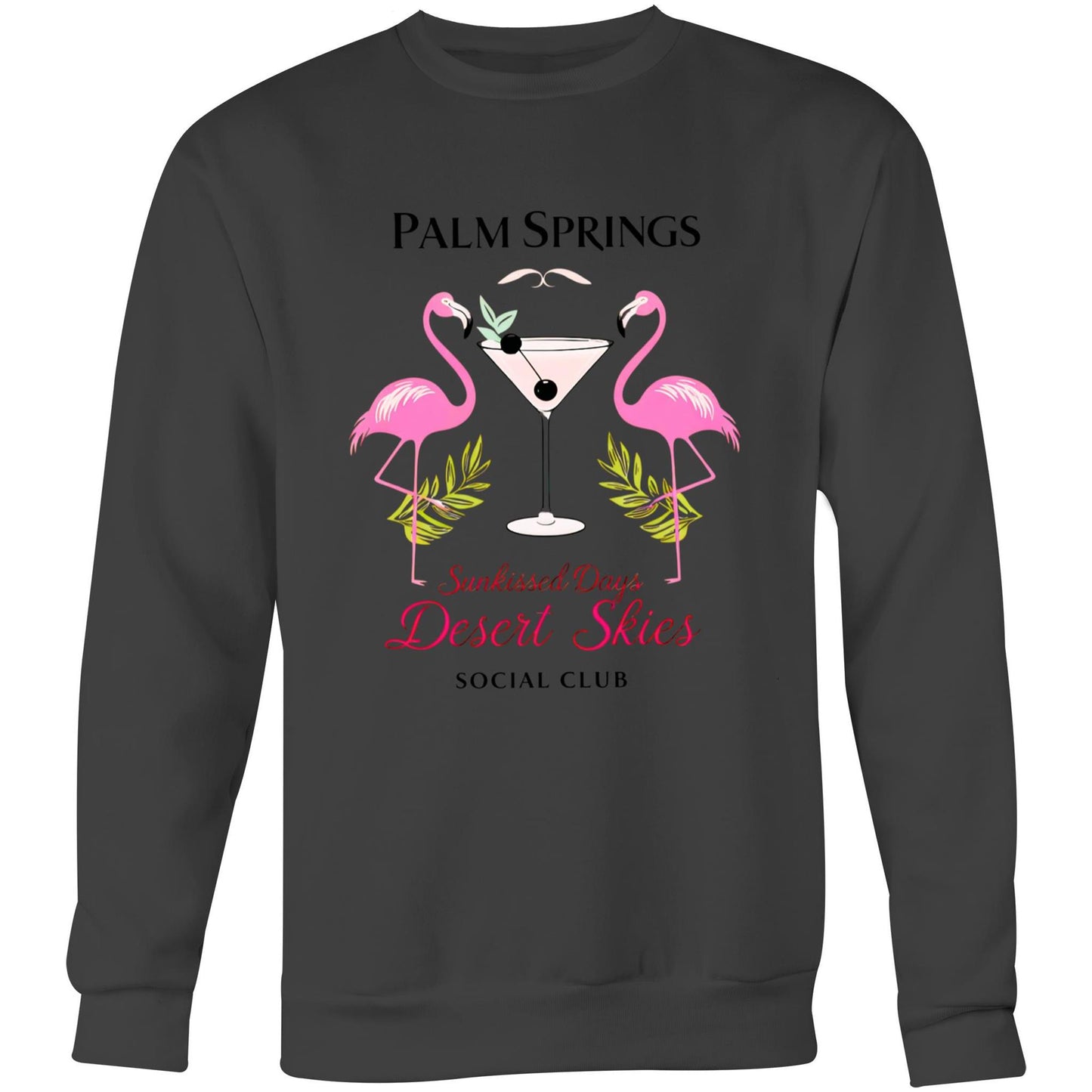 Charcoal sweatshirt with same vibrant Palm Springs flamingo design and typography in white, pink, and lime green.