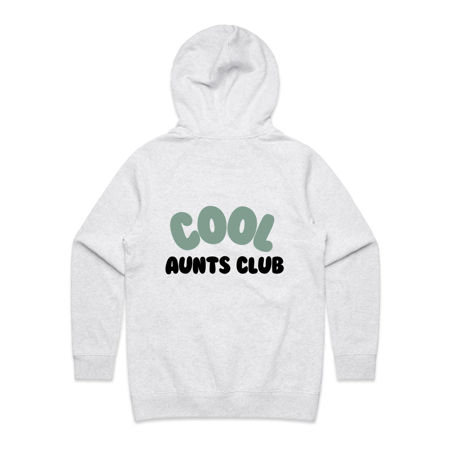 White Marle hoodie with Cool Aunts Club text printed in green and black on the back, displayed flat on a clean background.