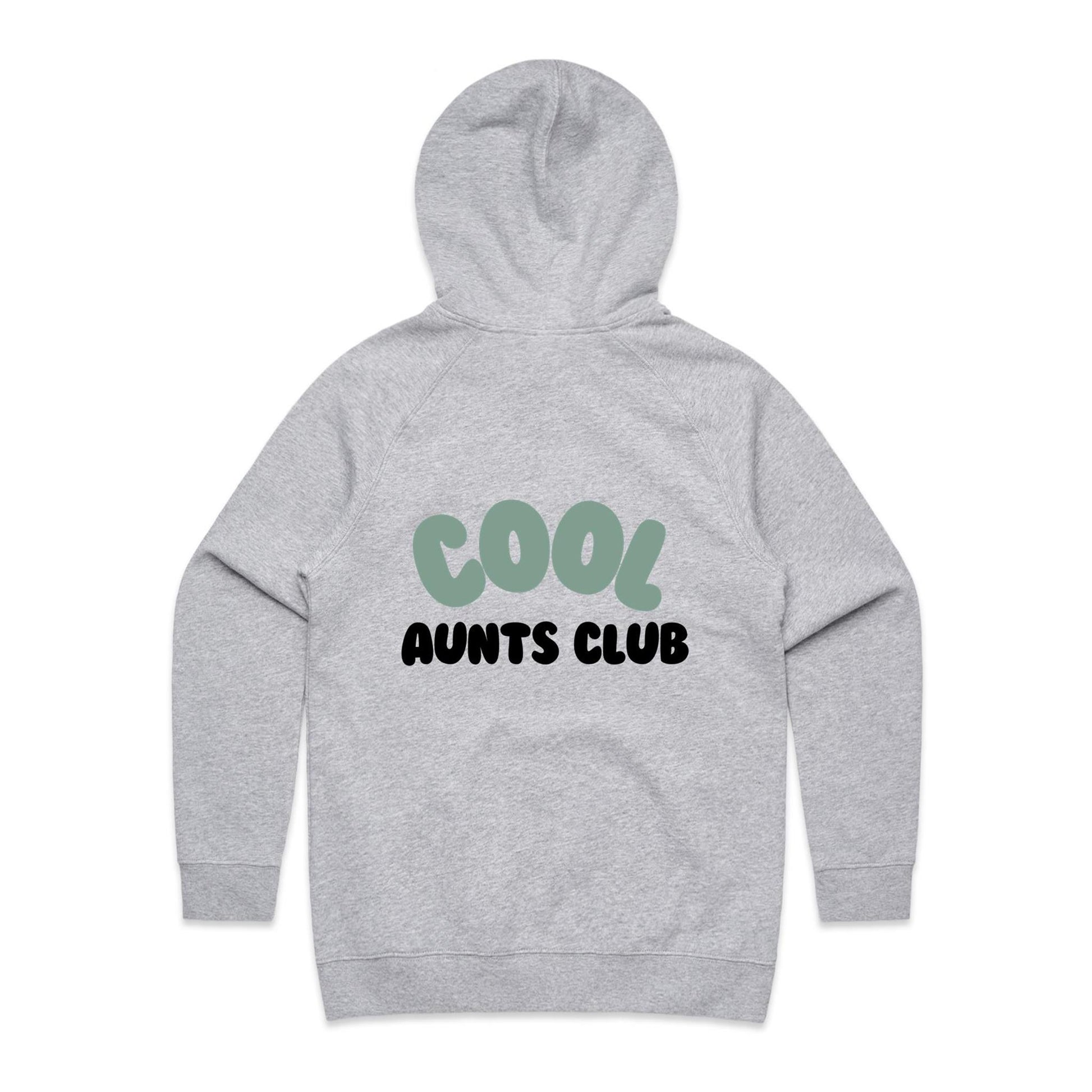 Grey marle Cool Aunts Club hoodie with green and black back print, flat lay on white background.