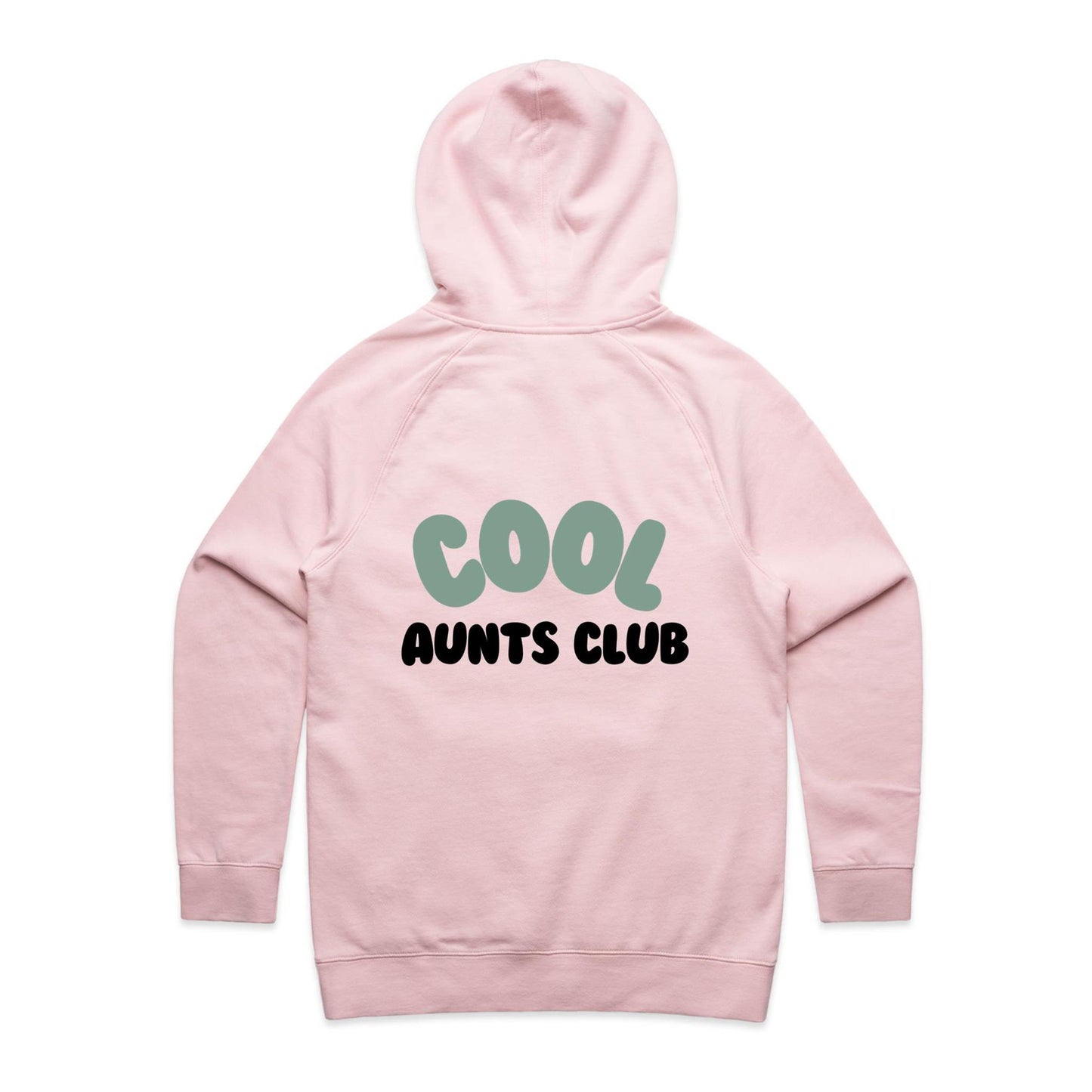 Pink hoodie featuring Cool Aunts Club graphic in green and black text, laid flat for display.